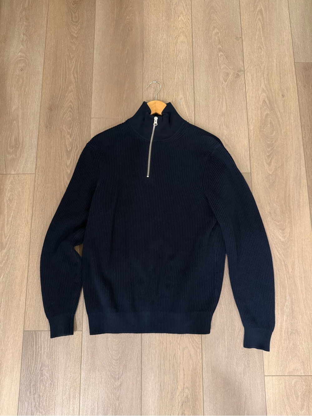 Zara Men's Navy Zip-Up Ribbed Sweater